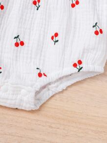 SHEIN Vintaside Kids Baby Girl Cherry Print Shirred Frill Trim Cami Bodysuit - White - View 4