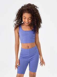 SHEIN Girls Solid Tank Top & Cycling Shorts Set - Blue - View 5