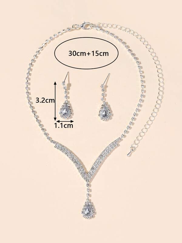 2pcs/set Women's Luxury Rhinestone Water Drop Pendant Necklace And Earrings Set For Wedding