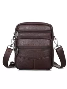 高中生大學新生多功能斜挎包單肩包休閒包迷你男士荔枝紋方包手提書包旅行學院戶外運動通勤 - 咖啡棕 - 查看 1