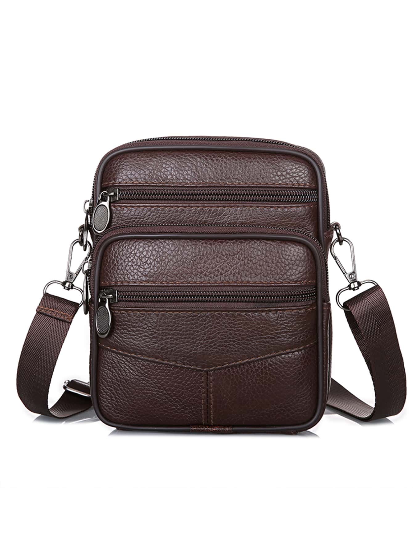 高中生大學新生多功能斜挎包單肩包休閒包迷你男士荔枝紋方包手提書包旅行學院戶外運動通勤 - 咖啡棕 - 查看 1