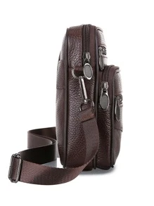 高中生大學新生多功能斜挎包單肩包休閒包迷你男士荔枝紋方包手提書包旅行學院戶外運動通勤 - 咖啡棕 - 查看 4