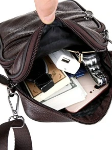 高中生大學新生多功能斜挎包單肩包休閒包迷你男士荔枝紋方包手提書包旅行學院戶外運動通勤 - 咖啡棕 - 查看 8