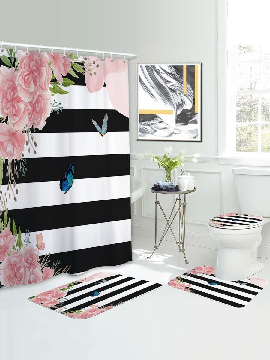 1入組條紋圖案和印花浴室毯或1入組浴簾 - 彩色 - 查看 1