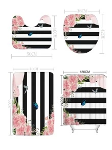 1入組條紋圖案和印花浴室毯或1入組浴簾 - 彩色 - 查看 4