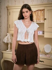 ROMWE Cárdigan con cordón delantero de punto de malla - Beis - Ver 4