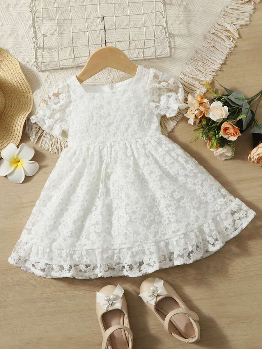 SHEIN Bebé Vestido con bordado floral de malla de manga farol bajo con fruncido - Blanco - Ver 1