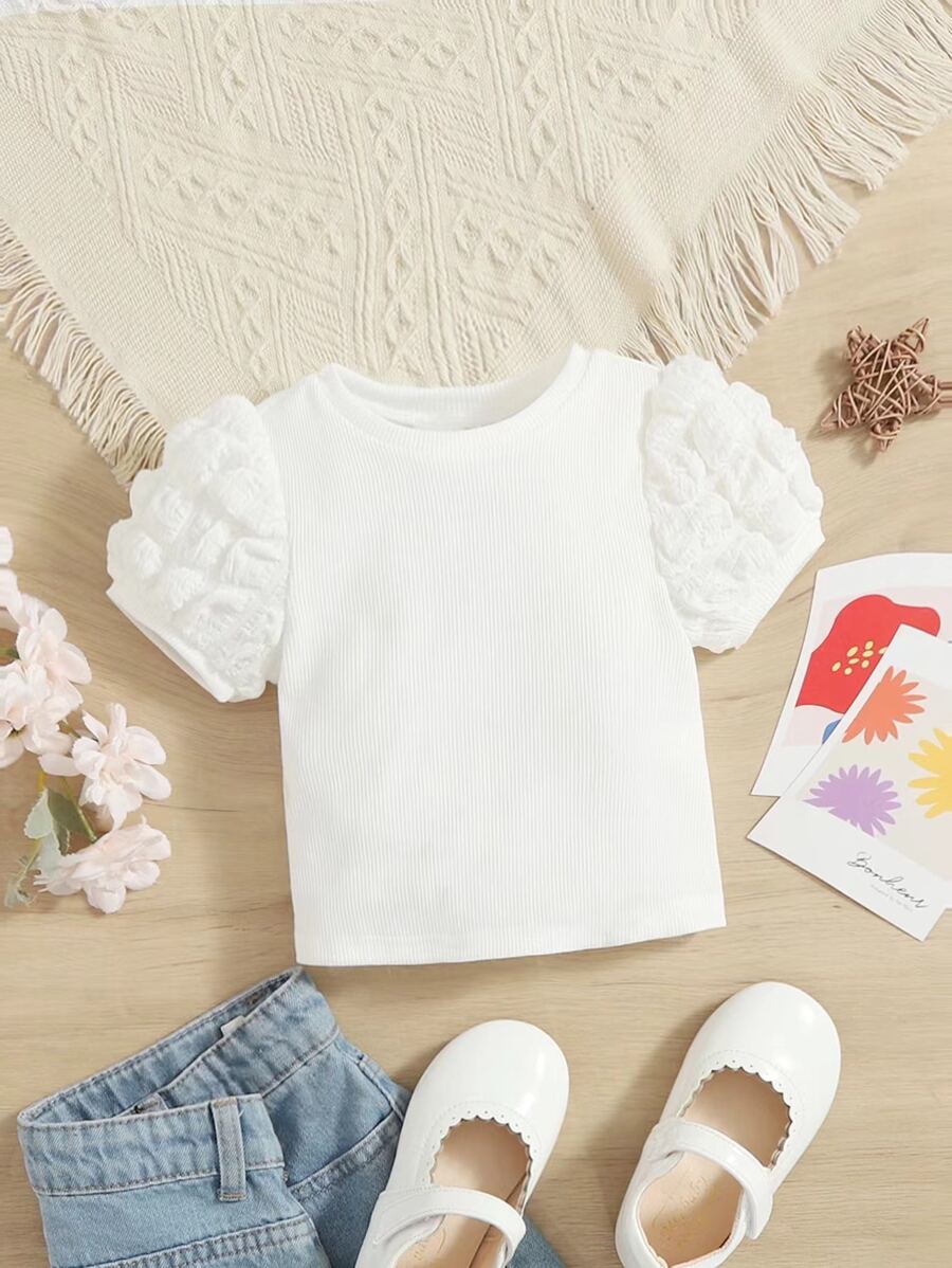 Baby Girl Textured Puff Sleeve Tee - White - View 1