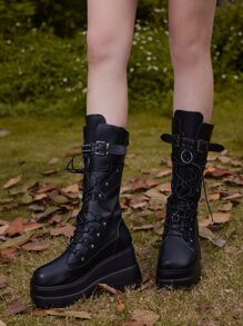 ROMWE Goth Botas claveteado & con diseño de hebilla con cordón delantero cuña - Negro - Ver 3