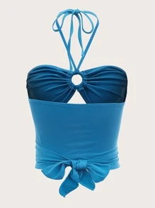 SHEIN ICON Cut Out O-ring Detail Tie Back Halter Top - Blue - View 2