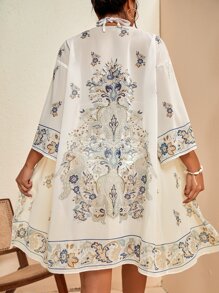 Floral Print Drop Shoulder Kimono - White - View 2