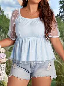SHEIN Holidaya Plus Floral Print Square Neck Puff Sleeve Peplum Mesh Blouse - Baby Blue - View 3