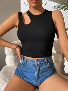 SHEIN BAE 鏤空短款背心 - 黑色 - 查看 1