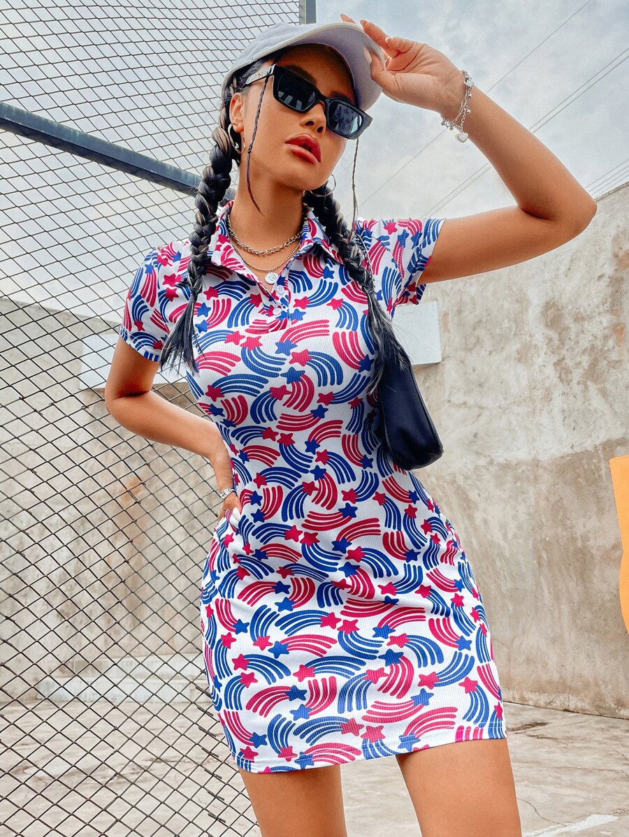 Allover Star Print Polo Neck Bodycon Dress - Multicolor - View 1