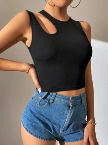 SHEIN BAE 鏤空短款背心 - 黑色 - 查看 3