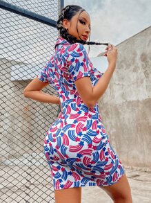 Allover Star Print Polo Neck Bodycon Dress - Multicolor - View 2