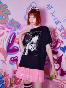 ROMWE Anime 卡通人物圖案T恤 - 黑色 - 查看 4