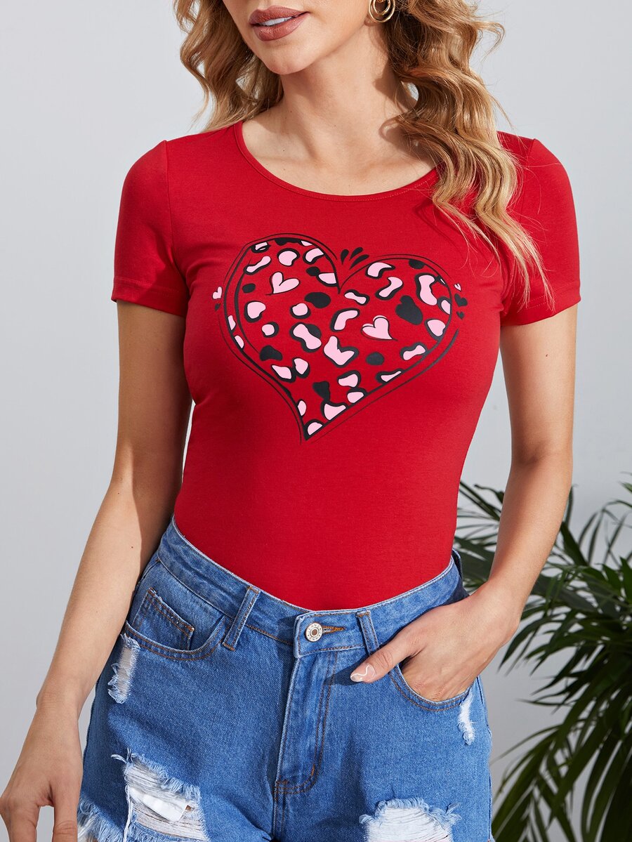 SHEIN Clasi Áo thun nữ Đồ họa Tim Giải trí - Đỏ - Xem 1