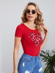 SHEIN Clasi Áo thun nữ Đồ họa Tim Giải trí - Đỏ - Xem 3