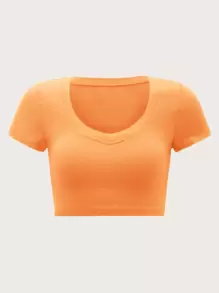 SHEIN EZwear 大圓領素色短款T恤 - 珊瑚橙 - 查看 1