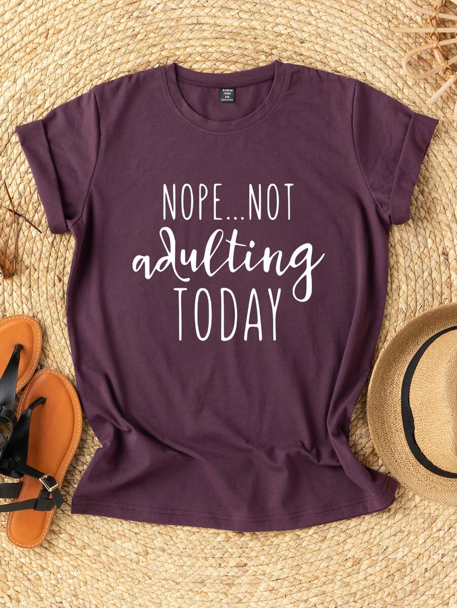 SHEIN LUNE 大碼標語圖案短袖T恤 - 淡紫色 - 查看 1