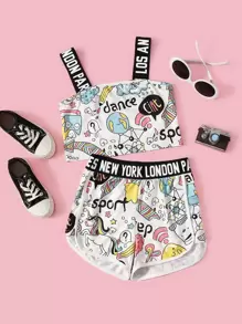 SHEIN Girls Letter & Unicorn Print Cami Top & Shorts Set - Multicolor - View 1