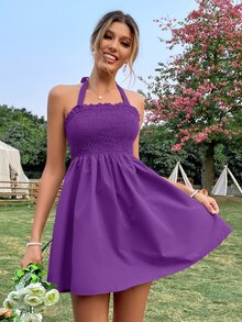 SHEIN VCAY Tie Backless Shirred Bodice Halter Dress - Purple - View 3