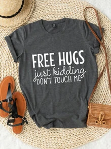 SHEIN LUNE Plus Slogan Graphic Tee, Women Summer Top FREE HUGS Just Kidding DON'T TOUCH ME - Dark Grey - View 1