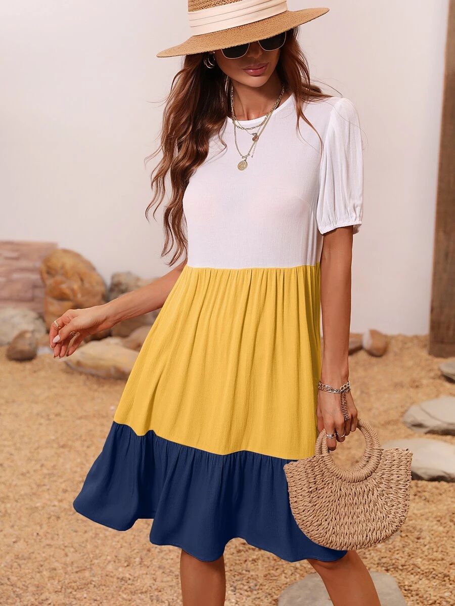 SHEIN LUNE Cut And Sew Puff Sleeve Smock Dress - Multicolor - View 1