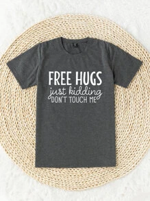 SHEIN LUNE Plus Slogan Graphic Tee, Women Summer Top FREE HUGS Just Kidding DON'T TOUCH ME - Dark Grey - View 4