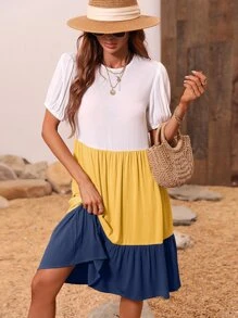 SHEIN LUNE Cut And Sew Puff Sleeve Smock Dress - Multicolor - View 4