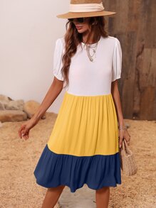 SHEIN LUNE Cut And Sew Puff Sleeve Smock Dress - Multicolor - View 5