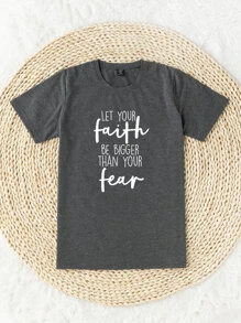 SHEIN LUNE Plus Slogan Graphic Short Sleeve Tee LET YOUR Faith BE BIGGER THAN YOUR Fear For Summer - Dark Grey - View 3
