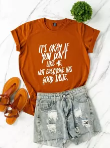 SHEIN LUNE 大碼標語圖案T恤 - 薑色 - 查看 1