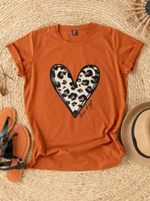 SHEIN LUNE Áo thun Plus size Tim Lá thư Giải trí - Rỉ Nâu - Xem 1