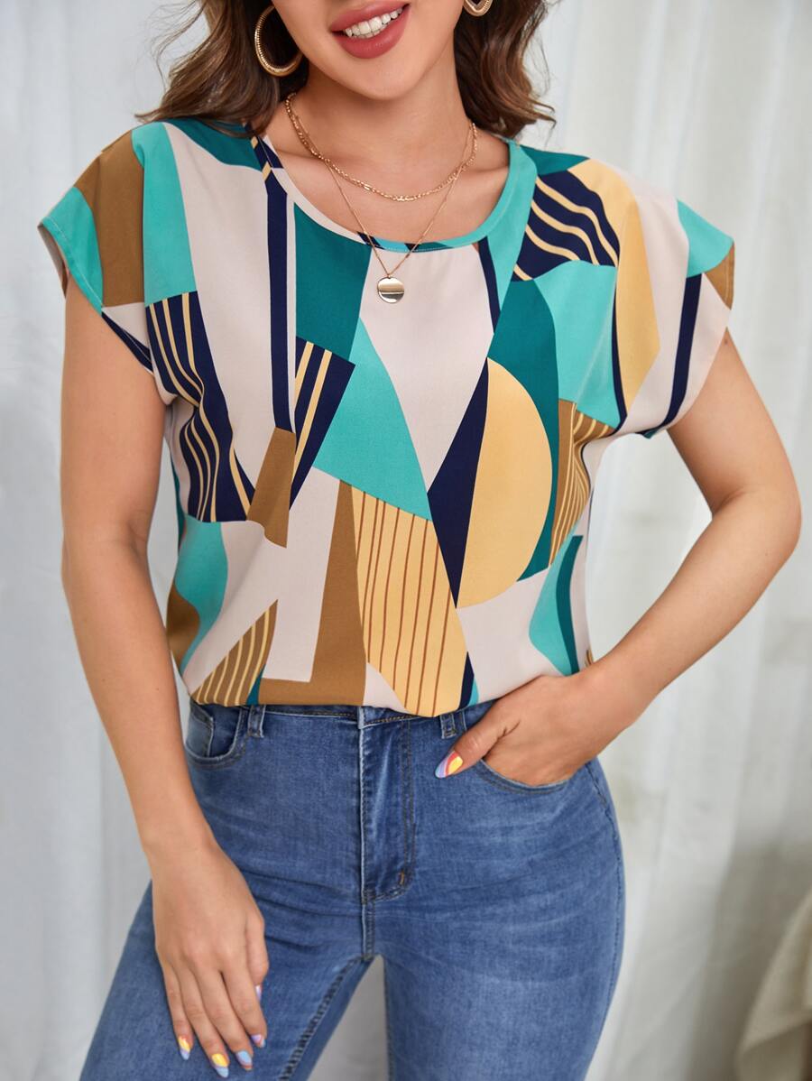 SHEIN LUNE 幾何印花蝙蝠袖襯衫 - 彩色 - 查看 1