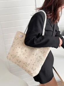 大容量编织手提包、沙滩包 - 米色 - 查看 3