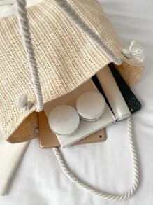 大容量编织手提包、沙滩包 - 米色 - 查看 6