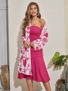 Mulvari Shirred Backless Tube Dress & Floral Print Open Front Coat - Hot Pink - View 4