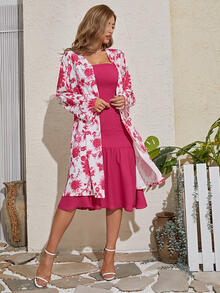 Mulvari Shirred Backless Tube Dress & Floral Print Open Front Coat - Hot Pink - View 7