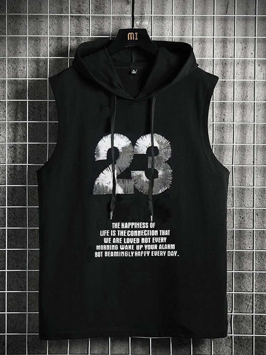 Manfinity Men Slogan Graphic Drawstring Hooded Tank Top - Black - View 1