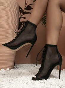 Peep Toe Stiletto Heeled Lace-up Front Sandals Boots - Black - View 4