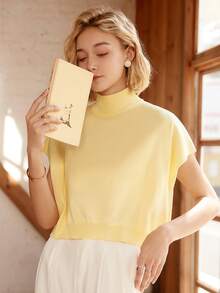 Knit Mix Women's French Casual Knit Sleeveless Turtleneck Top, Lightweight Ribbed Knit Pullover Sweater, Suitable For Spring And Autumn, Loose And Fashionable, Back To School Autumn Outfit - Yellow - View 4