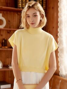 Knit Mix Women's French Casual Knit Sleeveless Turtleneck Top, Lightweight Ribbed Knit Pullover Sweater, Suitable For Spring And Autumn, Loose And Fashionable, Back To School Autumn Outfit - Yellow - View 5