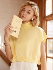 Knit Mix Women's French Casual Knit Sleeveless Turtleneck Top, Lightweight Ribbed Knit Pullover Sweater, Suitable For Spring And Autumn, Loose And Fashionable, Back To School Autumn Outfit - Yellow - View 6