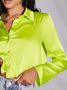 SHEIN BAE Áo sơ mi Nút phía trước Mùa vụ Xa ten - Màu xanh chanh - Xem 4