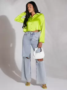 SHEIN BAE Áo sơ mi Nút phía trước Mùa vụ Xa ten - Màu xanh chanh - Xem 5