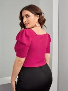 SHEIN Privé Plus Square Neck Puff Sleeve Tee Spring To Summer - Hot Pink - View 3