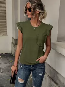 SHEIN LUNE Ruffle Trim Pocket Patched Tee - Army Green - View 1
