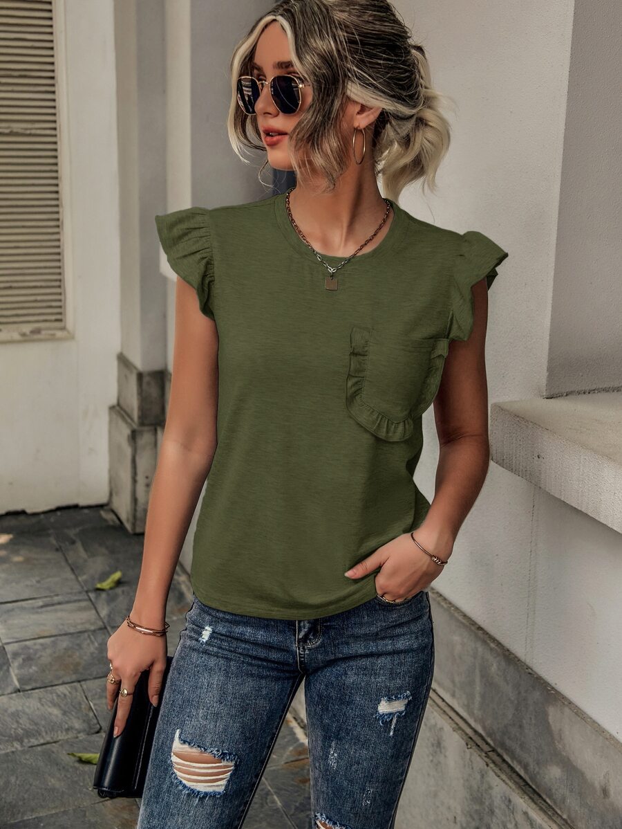 SHEIN LUNE Ruffle Trim Pocket Patched Tee - Army Green - View 1